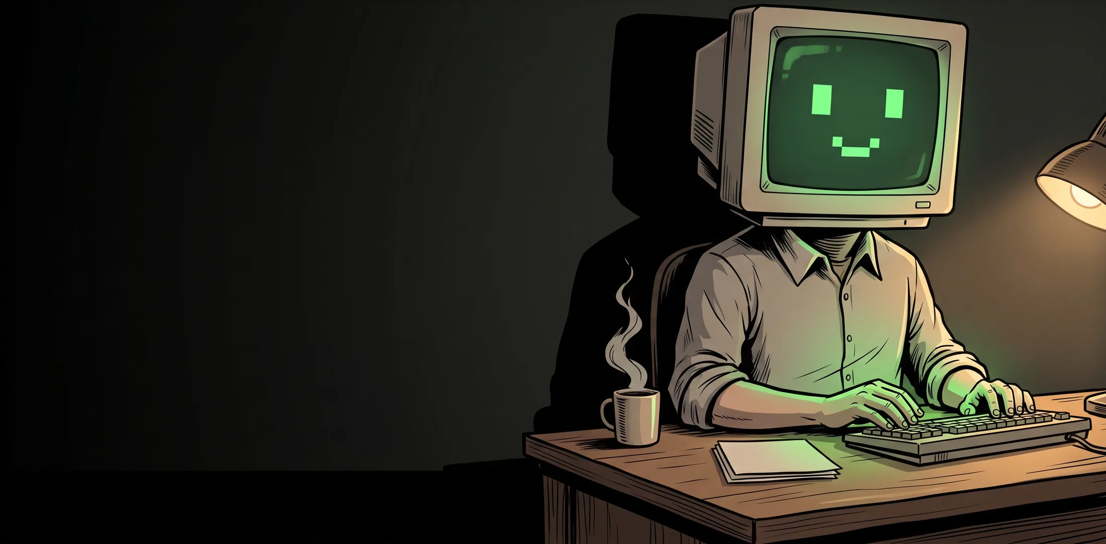 Illustrazione: una persona seduta a una scrivania con un vecchio monitor a tubo catodico al posto della testa, una lampada accesa e una tazza di caffe