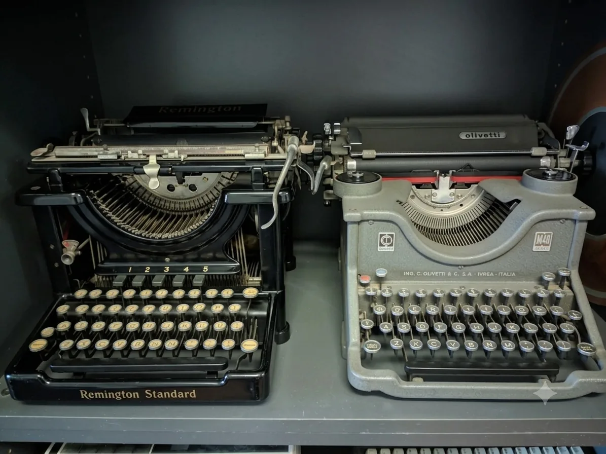 Due macchine da scrivere affiancate su uno scaffale: una Remington Standard nera e una Olivetti M40 grigia