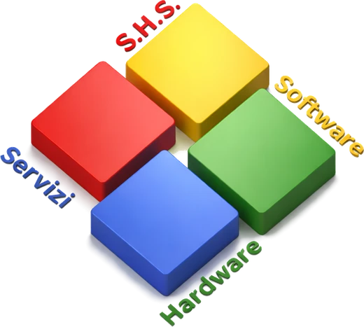 Marchio della S.H.S.: quattro cubi rosso, giallo, verde e blu con le parole Servizi, Software, Hardware